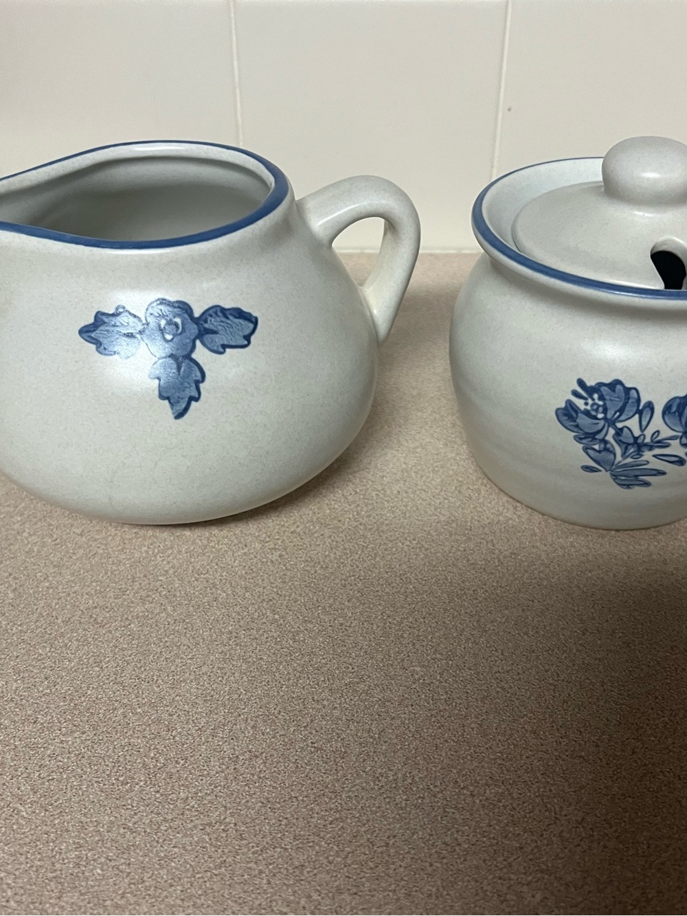 Pfaltzgraff White Ceramic Creamer and Sugar with Blue Floral Trim